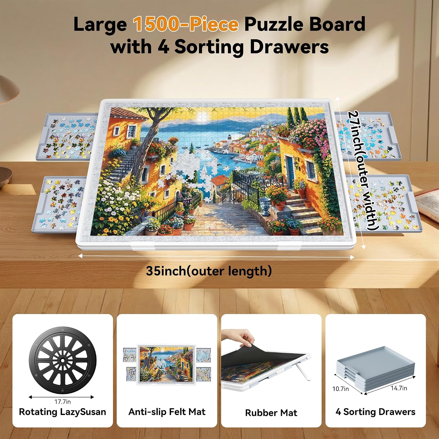 Playboda 1500 Pieces Tiltable & Rotating Puzzle Board with Drawers, Anti-Slip Mat and Black Cover, 35"x27" Portable Spinning Plastic Jigsaw Puzzle Table for Adults, Upgraded Lazy Susan