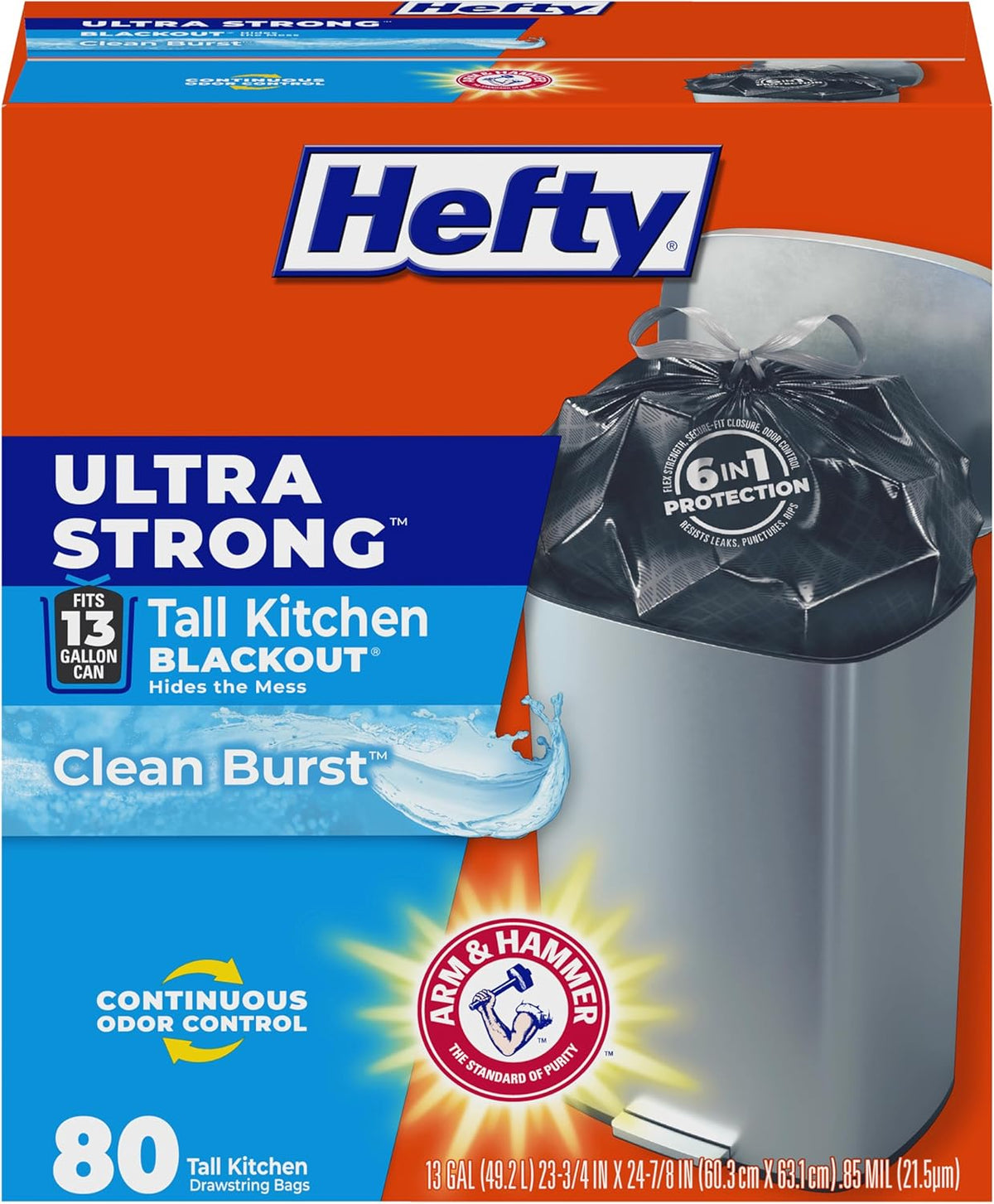 Hefty Ultra Strong 13 Gal Kitchen Trash Bags, Black, Clean Burst, 80ct