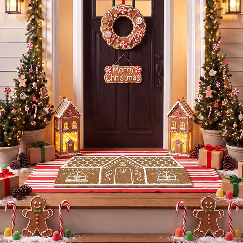 Moucuny 2 Pcs Christmas Doormat Outdoor, Gingerbread House, Non Slip
