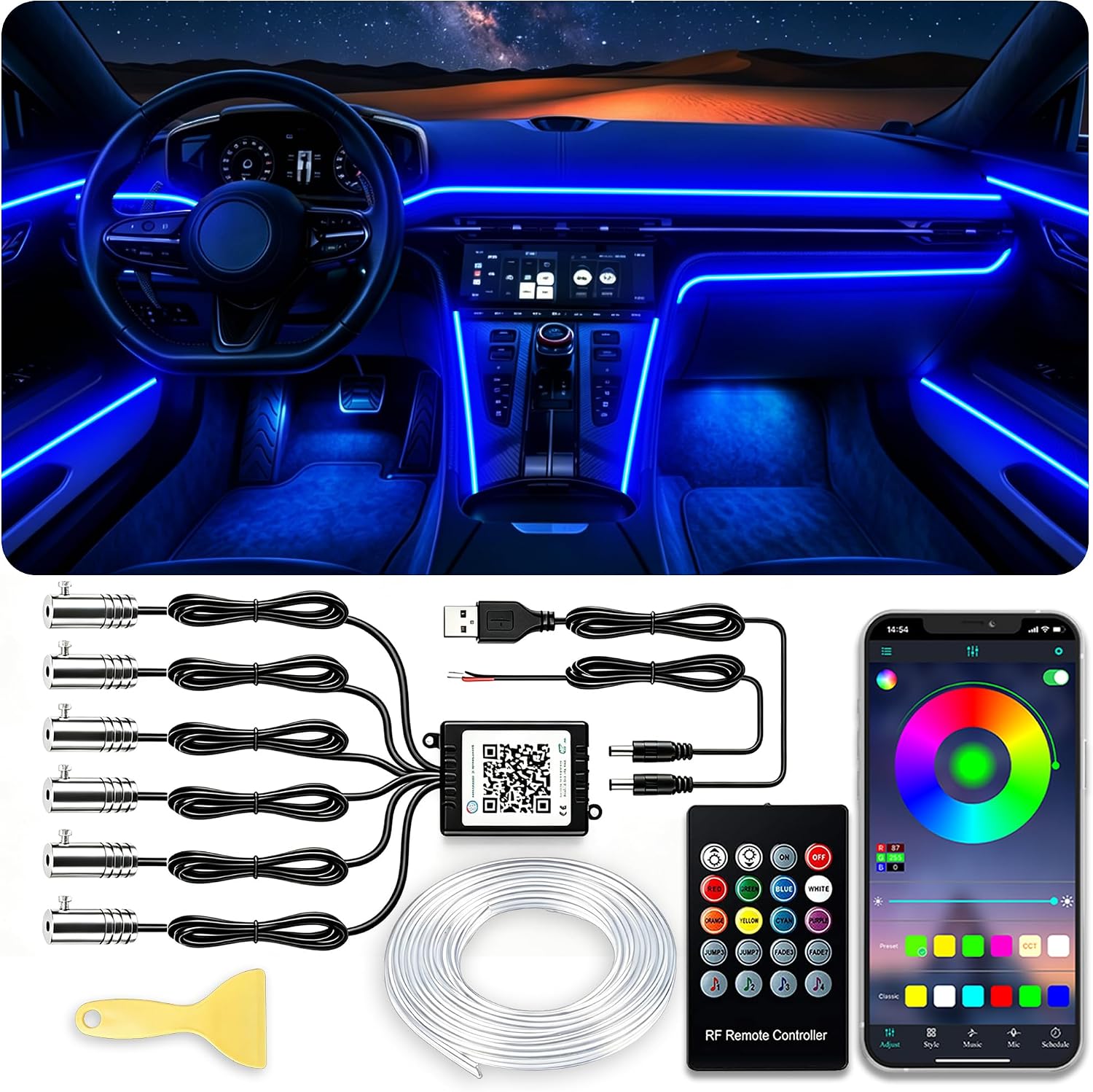 Jushope Car Interior LED Lights, RGB Fiber Optic Ambient Lighting Kit