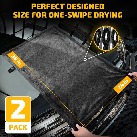 SMINDER 2-Pack 1200 GSM Car Drying Towels – Microfiber Towels for Cars (36" x 24"), Ultra-Absorbent, Streak-Free, Scratch-Free, No Water Spots, Double-Twist Pile & Edgeless Design