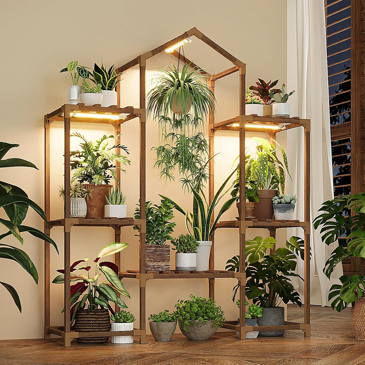 Bamworld Plant Stand Indoor with Grow Lights Wood Plant Shelf for Hanging Planter Pots Display Flower Stand for Living Room Patio Garden Decor