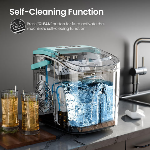 AGLUCKY Ice Makers Countertop with Handle,26.5Lbs/24H,9 Cubes in 6 Mins,2 Sizes of Bullet Ice,Portable Ice Maker Machine with Self-Cleaning,Perfect for Home Kitchen(Green)