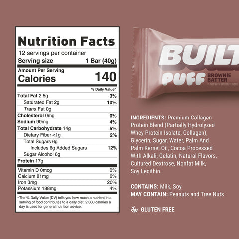 BUILT Puff Protein Bars, Brownie Batter Puff, High Protein Bars, 17g High Protein Snacks, On-The-Go Bars, only 140 Calories, 6g Sugar, Collagen, Gluten Free, 12 Count