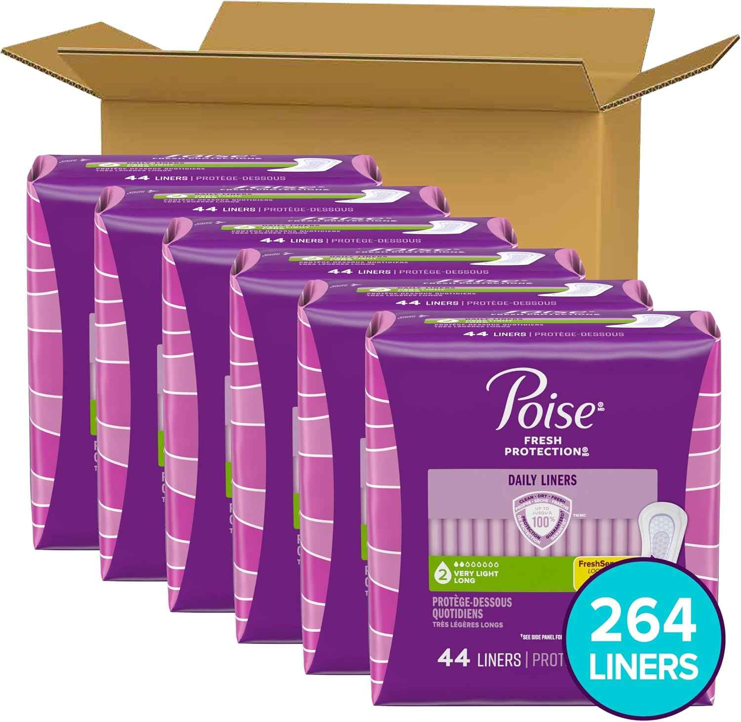 Poise Daily Liners, Incontinence Panty Liners for Bladder Leaks, 2 Drop Very Light Absorbency, Long Length, 264 Count of Pantiliners (6 Packs of 44), Packaging May Vary