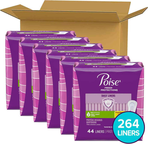 Poise Daily Liners, Incontinence Panty Liners for Bladder Leaks, 2 Drop Very Light Absorbency, Long Length, 264 Count of Pantiliners (6 Packs of 44), Packaging May Vary