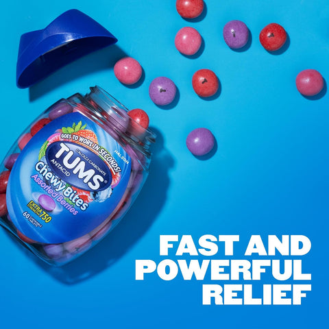 TUMS Chewy Bites Antacid Tablets for Chewable Heartburn Relief and Acid Indigestion Relief, Assorted Berries - 60 Count | Ultra Strength Formula, Neutralizes Acid Instantly for Indigestion and Upset Stomach, Multi-Symptom Relief, Gluten Free