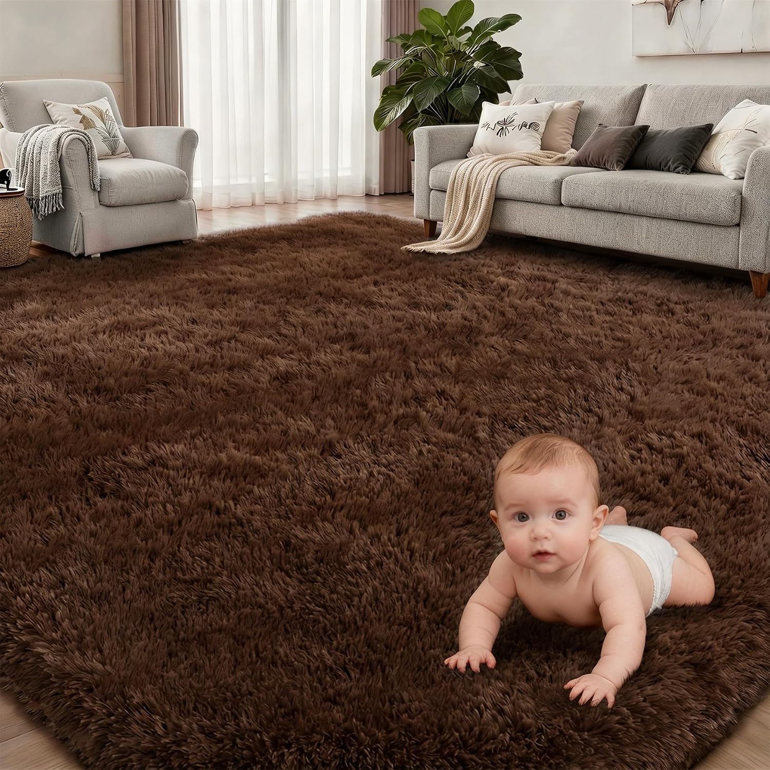 9x12 Area Rug Living Room Bedroom: Fluffy Plush Shag Carpet Brown