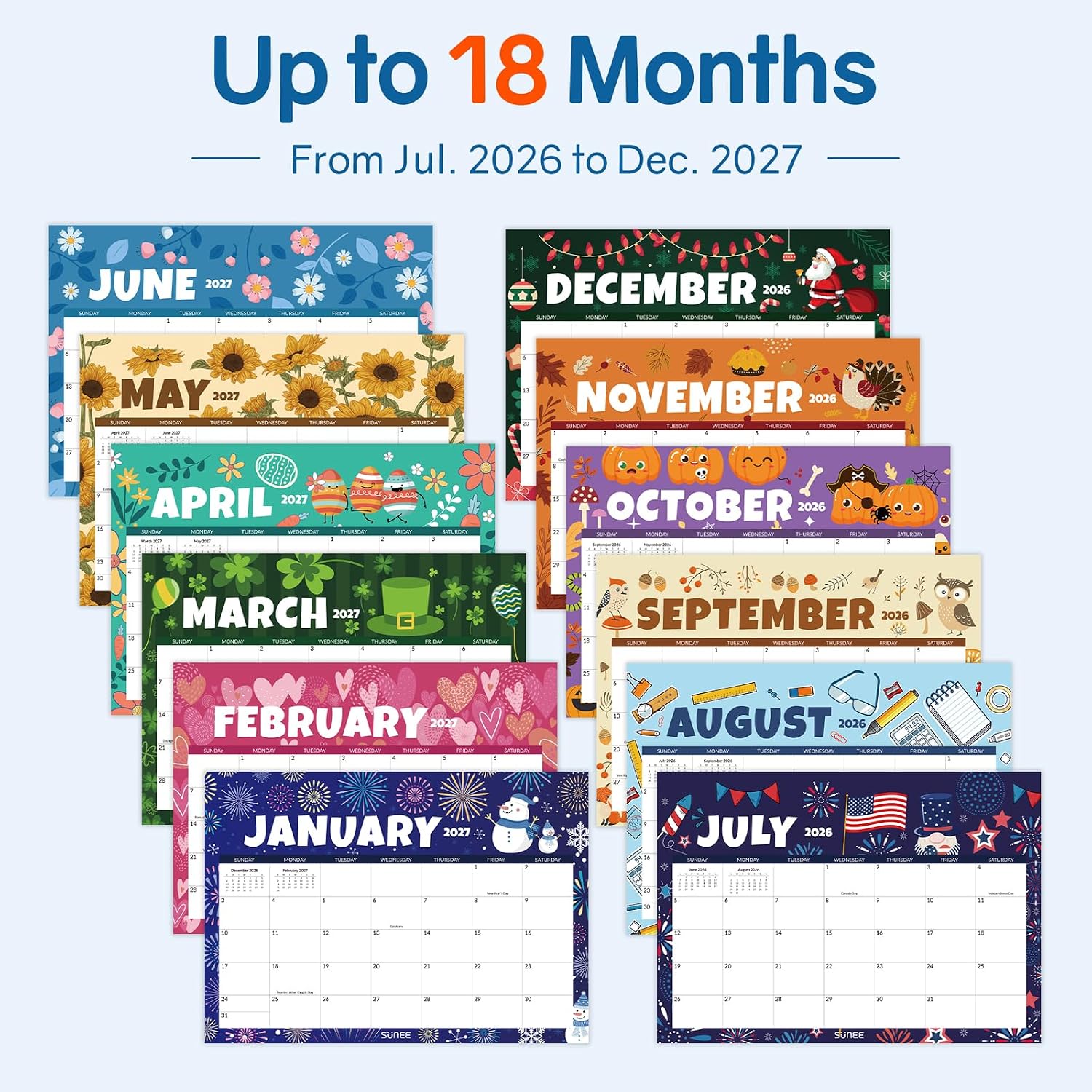 SUNEE Desk Calendar 2026-2027, 17" x 12", 18-Month Monthly Desk Calendar from Jul. 2026 - Dec. 2027, Academic Desk Calendar for Teacher, School, Seasons Color