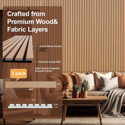Yuzzy Wood Panels for Wall - 9 Feet Teak Wood Slat Acoustic Panels 2 PCS - Modern Sound Absorbing Wall Panels for Interior Wall Decor for Home, Office, Studio