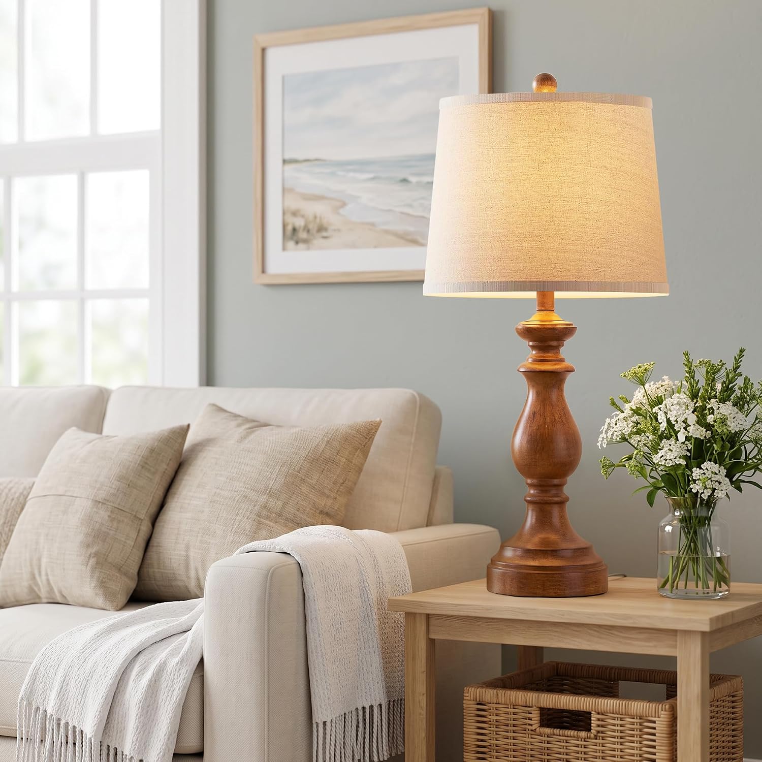 PARTPHONER Traditional Table Lamp Set of 2, Rustic Farmhouse Table Lamps for Living Room Bedroom, 27" Bedside Desk Lamps Vintage Nightstand Lamps with Linen Shades, Wood Grain