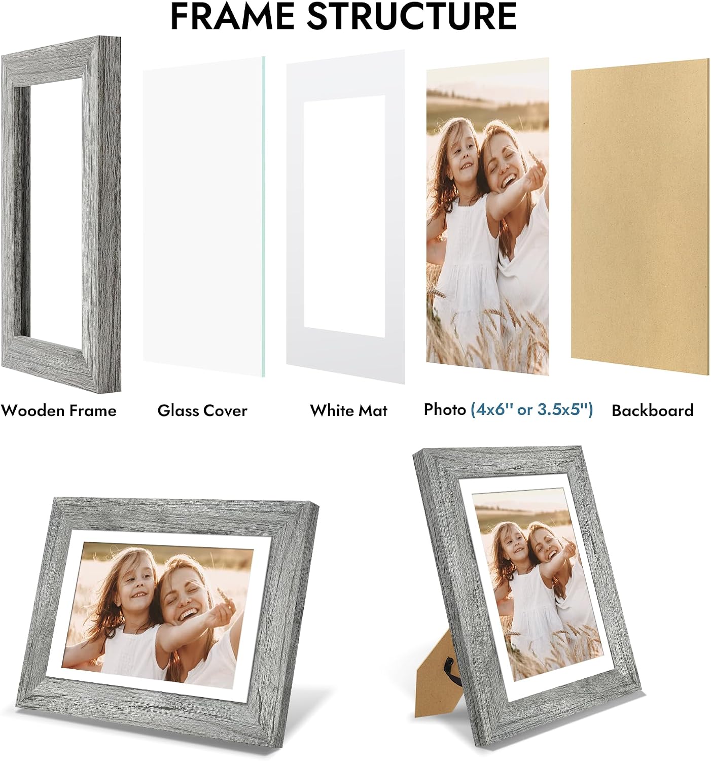 Hongkee 4x6 Picture Frame with Real Glass Wood Frame, 1 Pack (Mat 3.5x5)