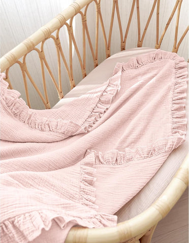 Konssy 100% Cotton Muslin Baby Blanket with Ruffle Trim for Girls, 43"x39"
