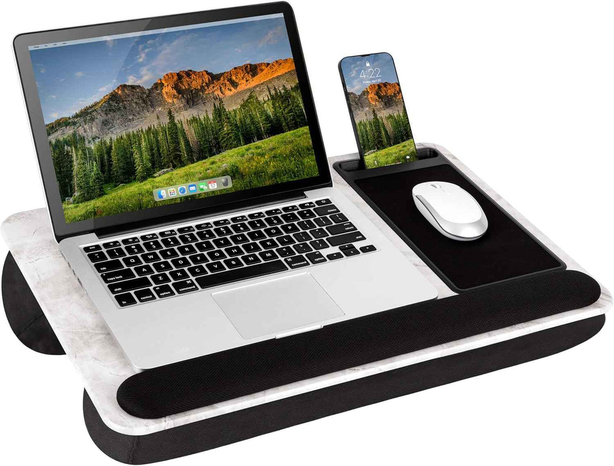 LAPGEAR Home Office Pro Lap Desk – White Marble, Fits 15.6” Laptops | Built-In Mouse Pad & Phone Slot, Wide Cushioned Wrist Rest, Dual-Bolster Microbead Cushion, Carry Handle
