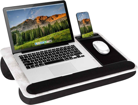 LAPGEAR Home Office Pro Lap Desk – White Marble, Fits 15.6” Laptops | Built-In Mouse Pad & Phone Slot, Wide Cushioned Wrist Rest, Dual-Bolster Microbead Cushion, Carry Handle