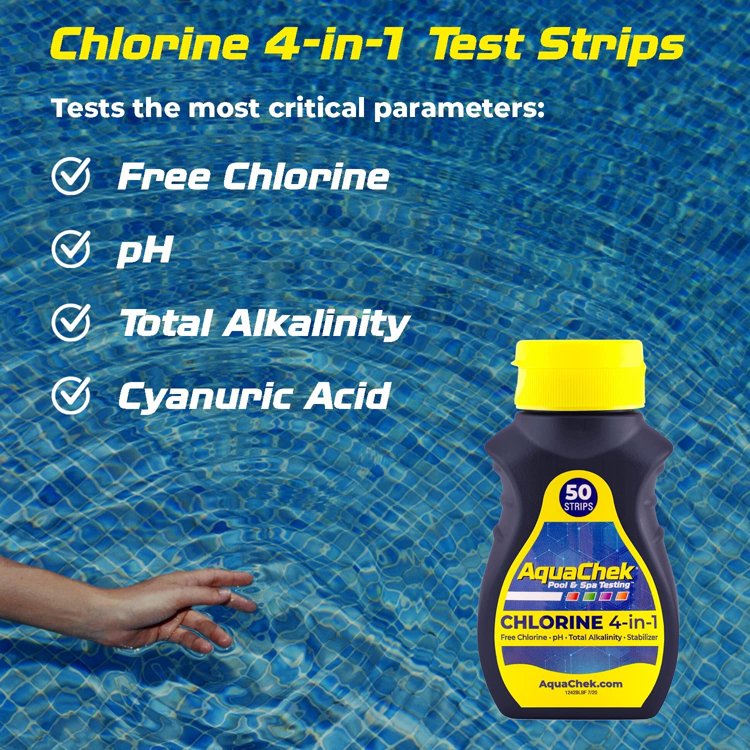 AquaChek Yellow 4-Way Pool and Spa Test Strips - 50 Yellow Test Strips - Swimming Pool Test Strips for pH, Free Chlorine, Total Alkalinity, and Cyanuric Acid - Quick and Accurate Results - (2-Pack)