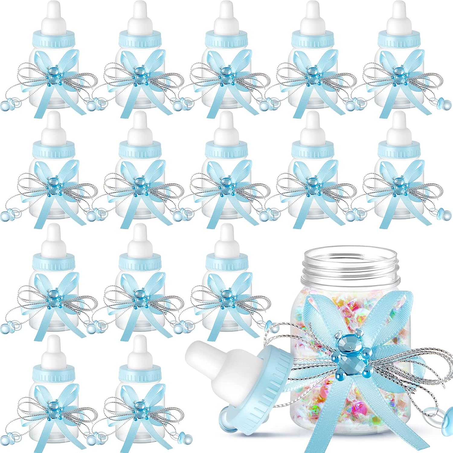 Nuenen 48 Pcs Baby Shower Milk Bottles with Ribbon Plastic Bear Candy Bottles Baby Shower Favors Gender Reveal Wedding Birthday Party Decorations(Blue)