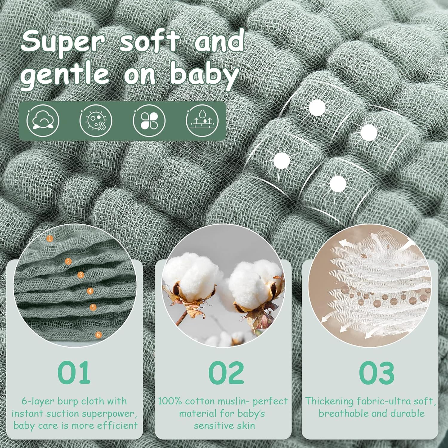 Looxii Muslin Burp Cloths 6 Pack - 20" x 10" - Ultra Soft & Absorbent, 6-Layer 100% Cotton for Spit Up & Drool- Gentle Baby Burping Cloth, Newborn Boys Girls Essentials, Dark Green