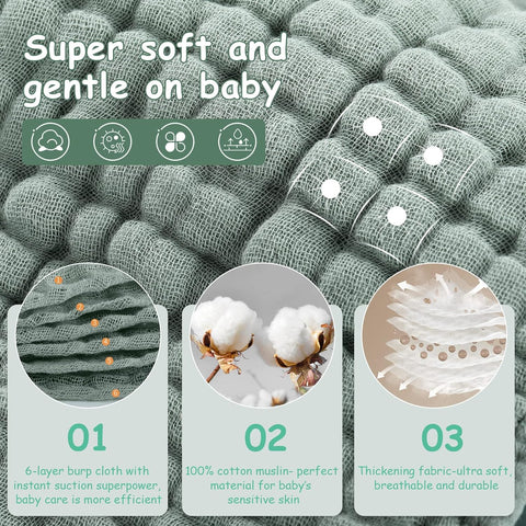 Looxii Muslin Burp Cloths 6 Pack - 20" x 10" - Ultra Soft & Absorbent, 6-Layer 100% Cotton for Spit Up & Drool- Gentle Baby Burping Cloth, Newborn Boys Girls Essentials, Dark Green