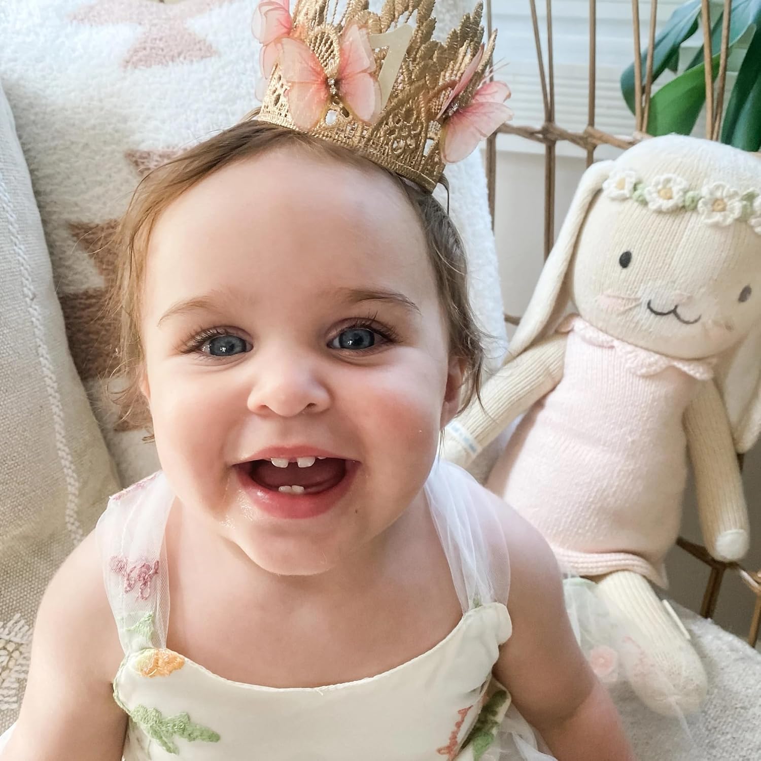 LOVECRUSH Crowns Fairy First Birthday Rose Gold Butterfly Crown, 1st Butterfly Tiara, Baby Girl, Cake Smash, Handmade USA
