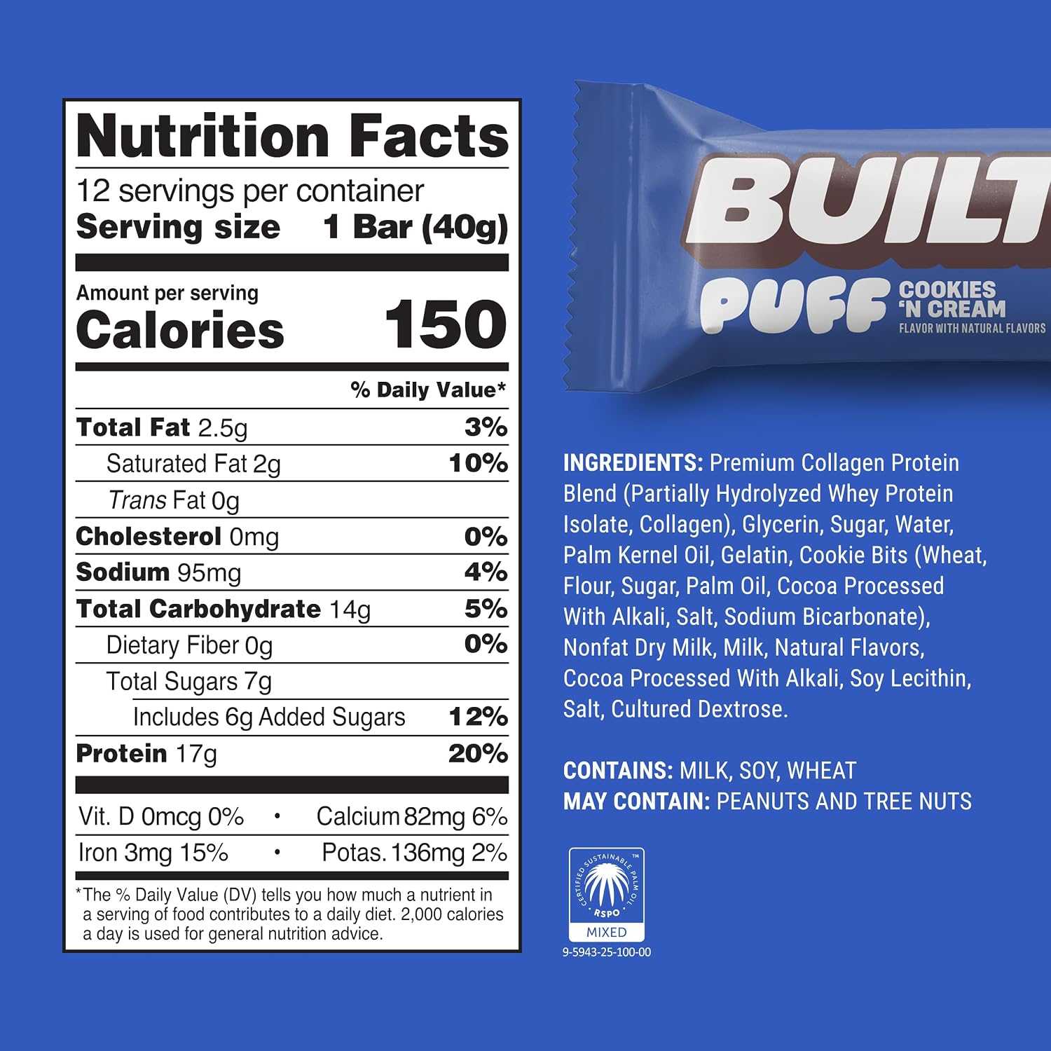 BUILT Puff Protein Bars, Cookies 'N Cream, 17g Protein - 12 Count