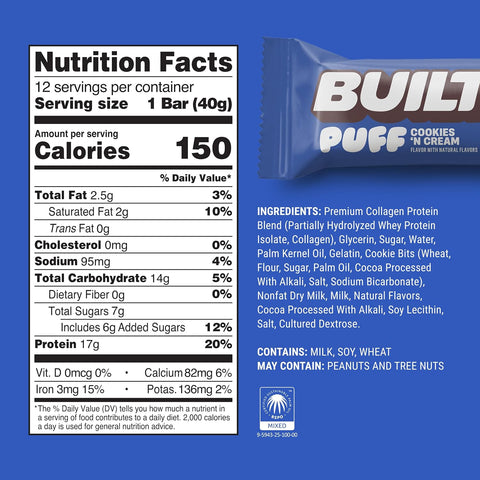 BUILT Puff Protein Bars, Cookies 'N Cream, 17g Protein - 12 Count