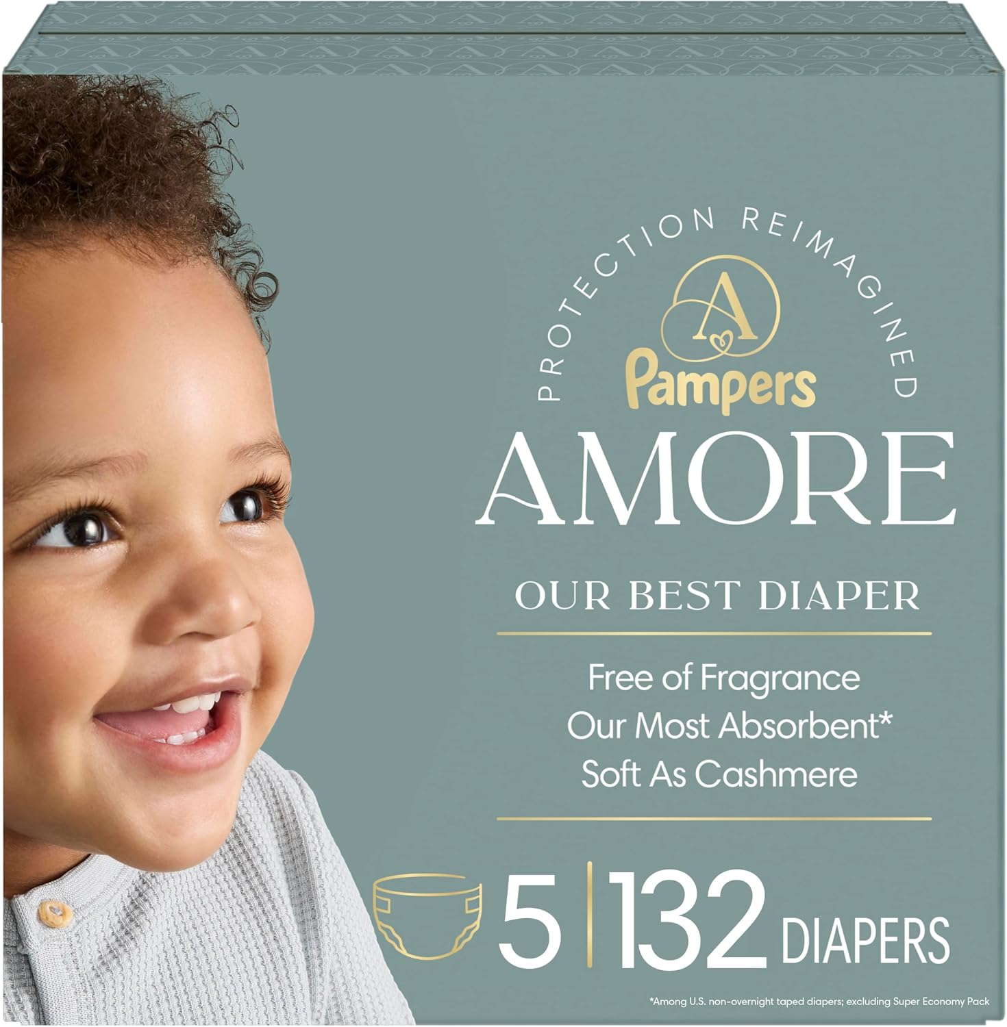 Pampers Amore, Size 5 (20-37 lbs), 132 Count, Our Best Diaper – Hypoallergenic & Fragrance Free, Up to 100% Leakproof, Soft as Cashmere