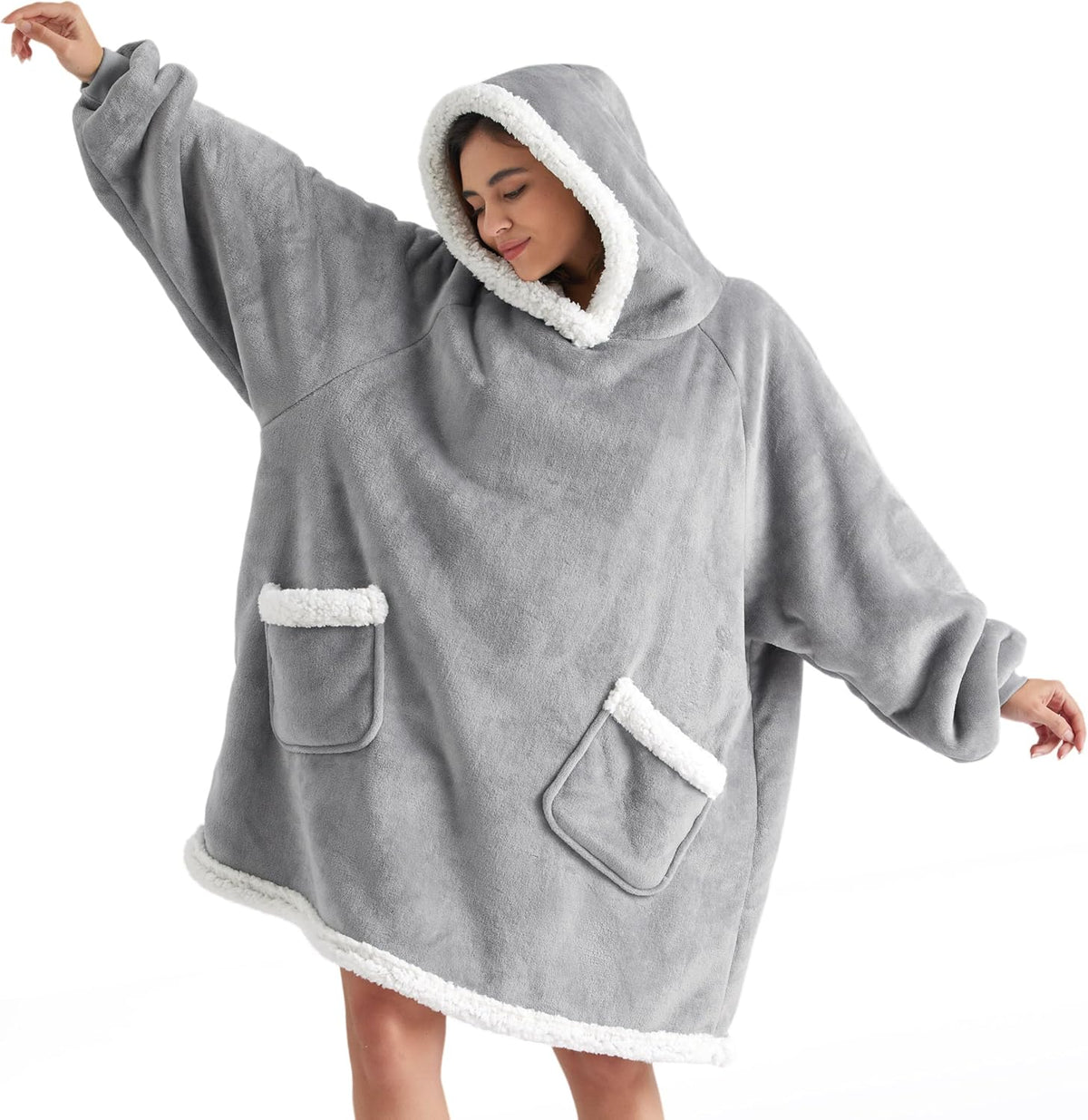 Bedsure Wearable Blanket Sherpa Hoodie Halloween Gifts, Grey, Standard