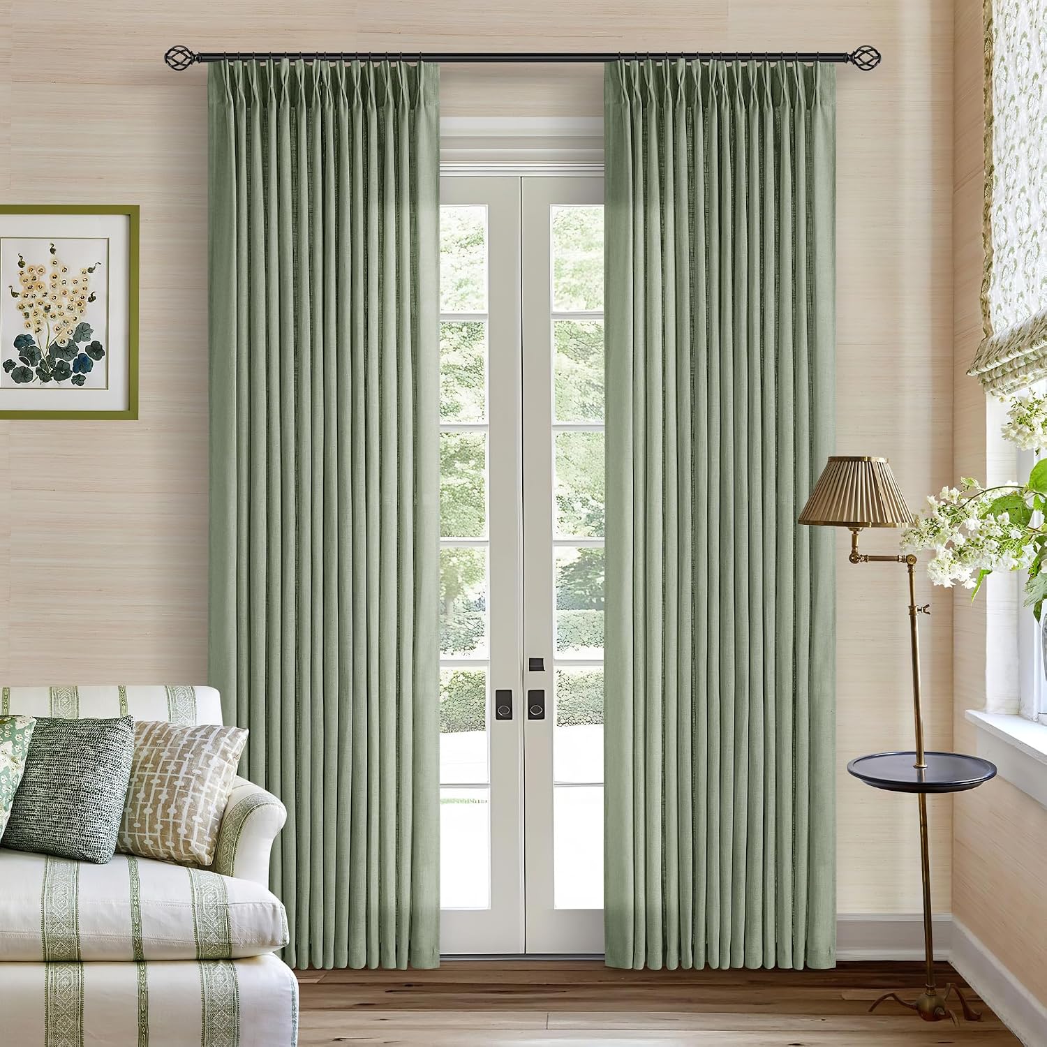 Sage Green Linen Curtains Pinch Pleated 84 Inches Long 2 Panels Set 40x84