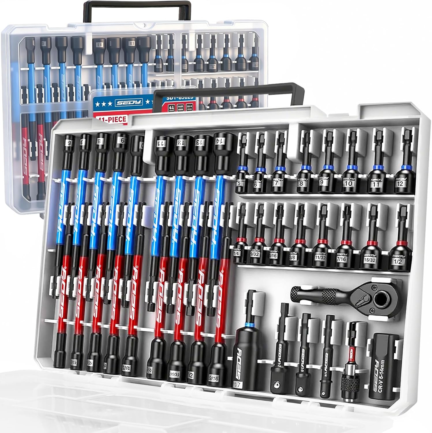 41-Piece Premium 1/4" Drive Magnetic Impact Nut Driver Set Metric & SAE Standard & Deep with Socket Adapters, 2-in-1 Ratchet Wrench, Wing Nut Driver, Universal Sockets, Quick Release Bit Holder