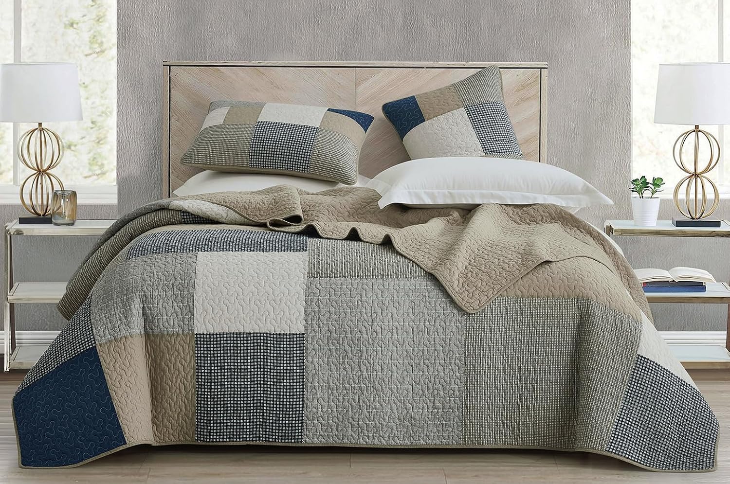 Chezmoi Collection Addy 3-Piece Navy Blue White Gray Taupe Plaid Patchwork Quilt Set - Pre-Washed Cotton Coverlet - Lightweight Reversible Bedspread, King Size