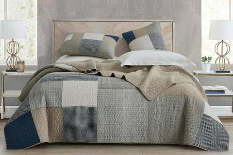 Chezmoi Collection Addy 3-Piece Navy Blue White Gray Taupe Plaid Patchwork Quilt Set - Pre-Washed Cotton Coverlet - Lightweight Reversible Bedspread, King Size