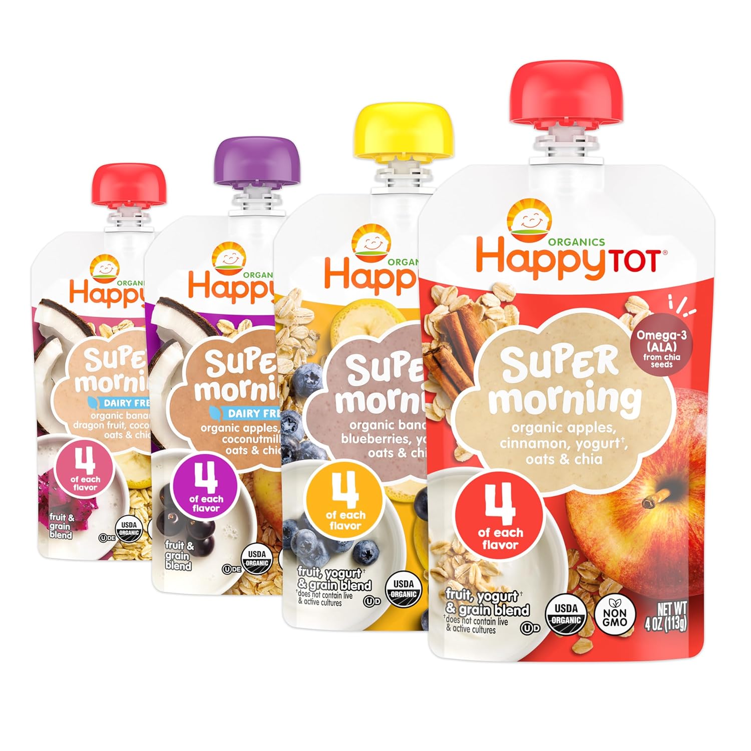 Happy Tot Organics Stage 4 Baby Food Pouches, Gluten Free, Super Morning Fruit & Oat Variety Pack Blend 4 Oz (Pack of 16), Amazon Exclusive