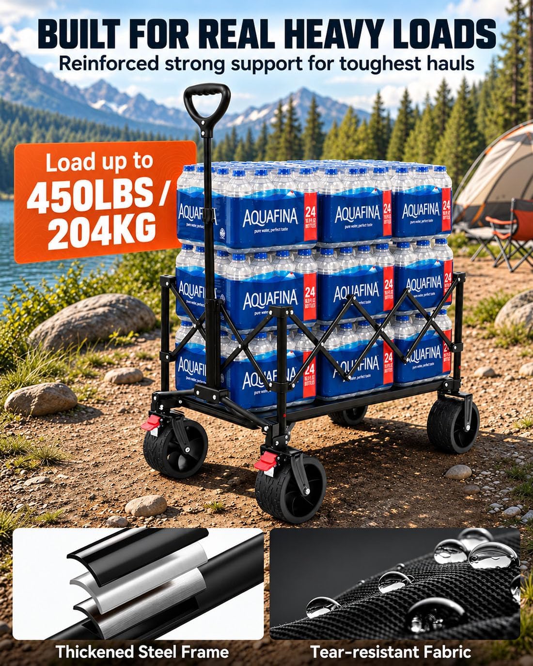 Hikenture Foldable Beach Wagon with Big Wheels for Sand, 450 lbs Capacity