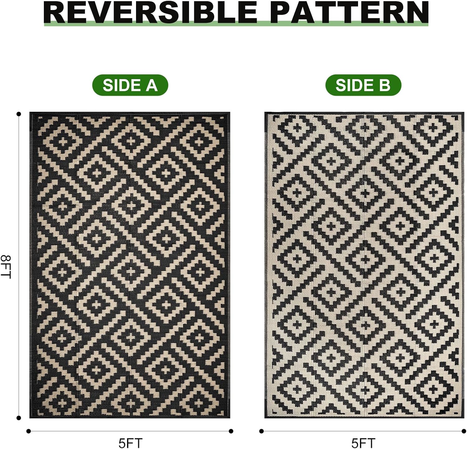 RURALITY Outdoor Rugs 5x8 Feet for Patios Clearance,Plastic Straw Waterproof Mats for Backyard,Porch,Deck,Balcony,Black&Beige