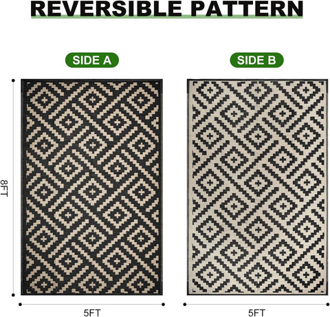 RURALITY Outdoor Rugs 5x8 Feet for Patios Clearance,Plastic Straw Waterproof Mats for Backyard,Porch,Deck,Balcony,Black&Beige