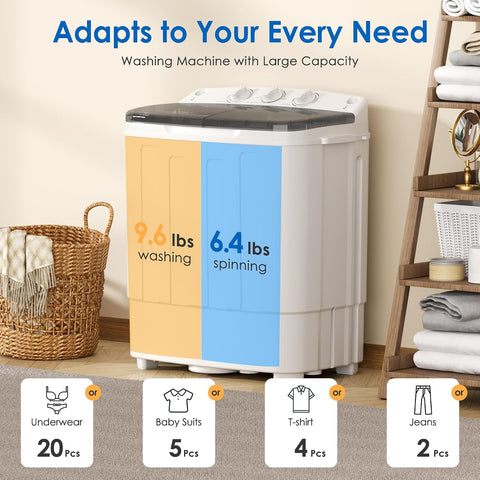 INTERGREAT Portable Washing Machine, 25lbs Compact Portable Washer and Dryer Combo with Timer Knobs, Twin Tub Mini Laundry Washer for Apartments, Dorm, Rv, Camping, Gray