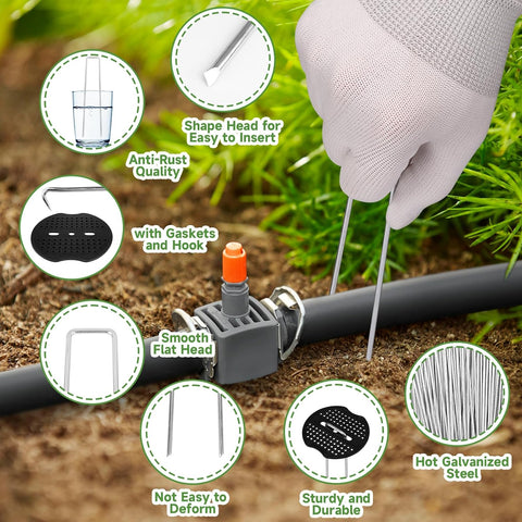 JELNER Garden Stakes,6 Inch 11 Gauge 20pcs Galvanized Landscape Staples + 20pcs Gaskets + 1Pick Hook, Tent Stakes Landscaping Fabric SOD Pins for Weed Fabric Barrier,Groud Cover,Fence