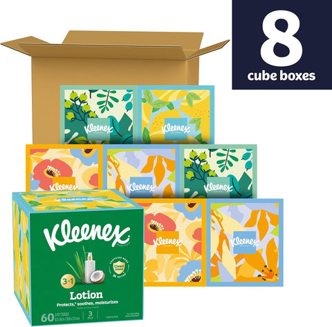 Kleenex Lotion Facial Tissues, 8 Cube Boxes, 80 Tissues per Box