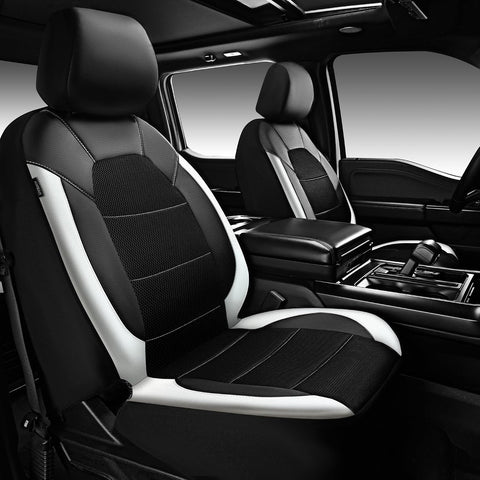 CAR PASS Universal Front Leather Car Seat Covers with Sporty Design, Breathable All Season Easy to Clean Anti-Slip Wear-Resistant Automotive Seat Covers Fit for Most Cars, SUVs, Trucks, Black & White