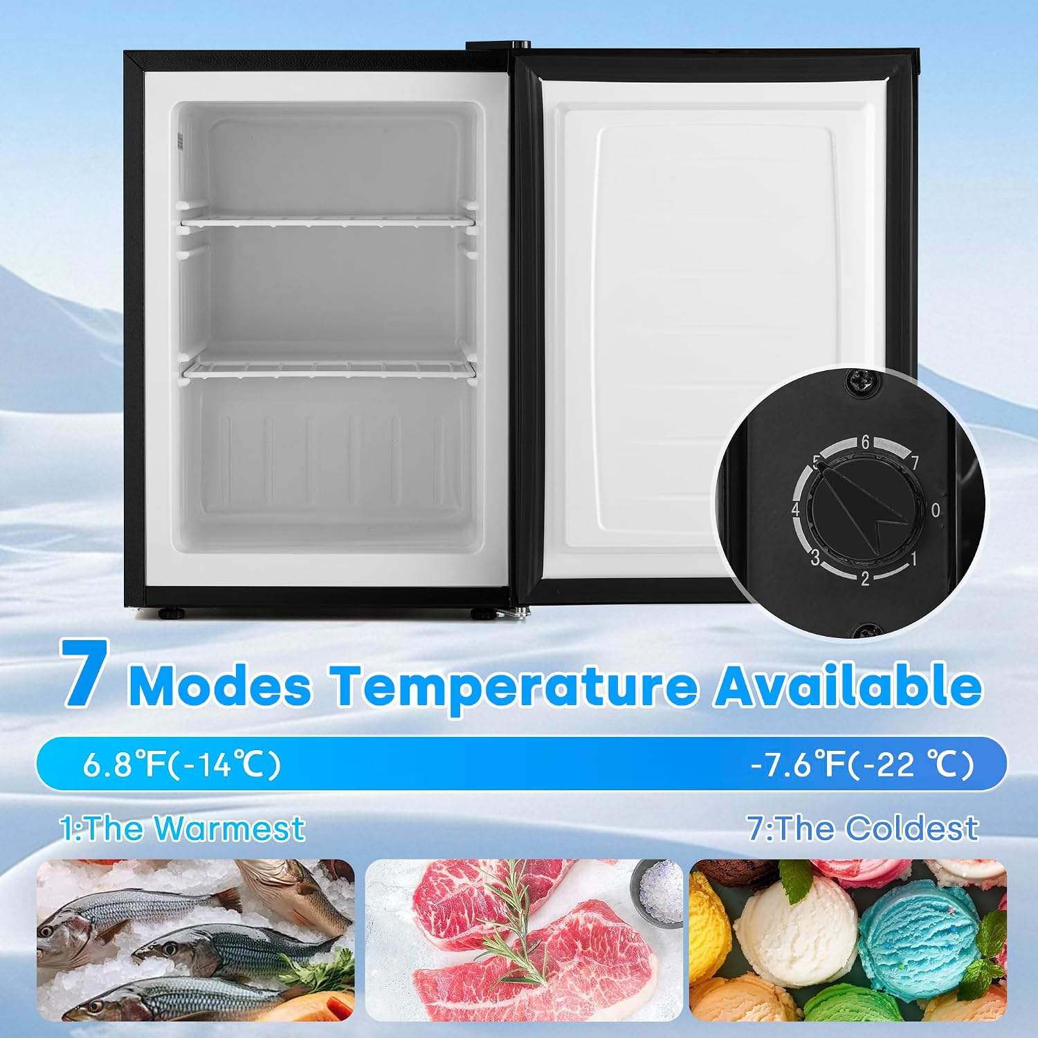 2.1 Cu.Ft Upright Freezer, 7 Level Thermostat & Removable Shelves