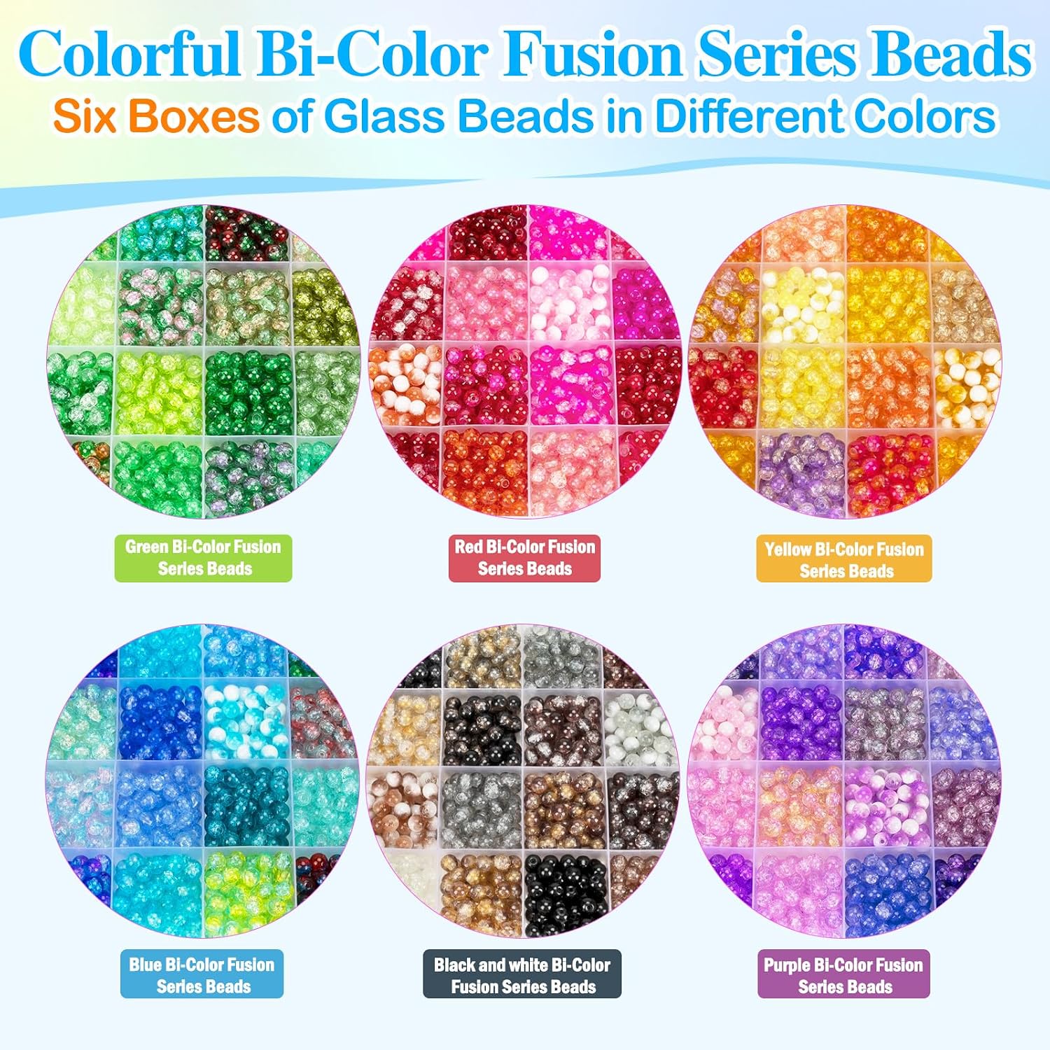 XSEINO About 7200pcs 144 Colors 6mm Crackle Glass Beads Bracelet Making Kit