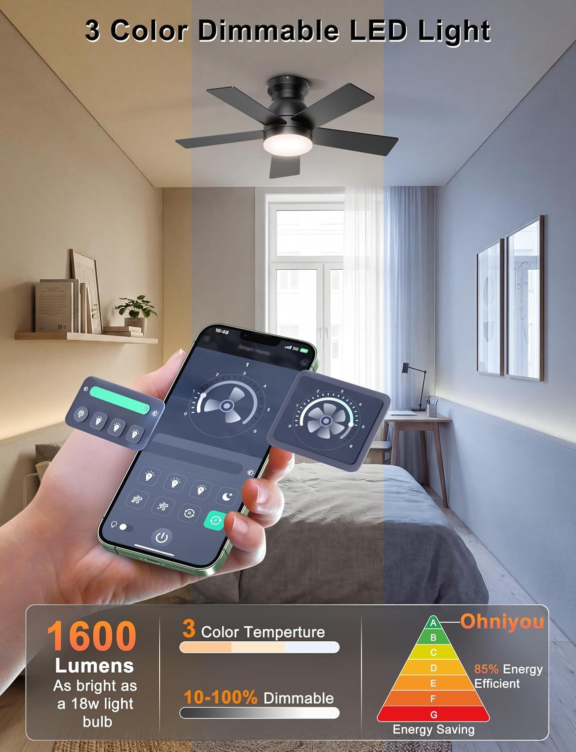 Ohniyou 32'' Low Profile Ceiling Fan with Lights, Remote/APP Control, Black