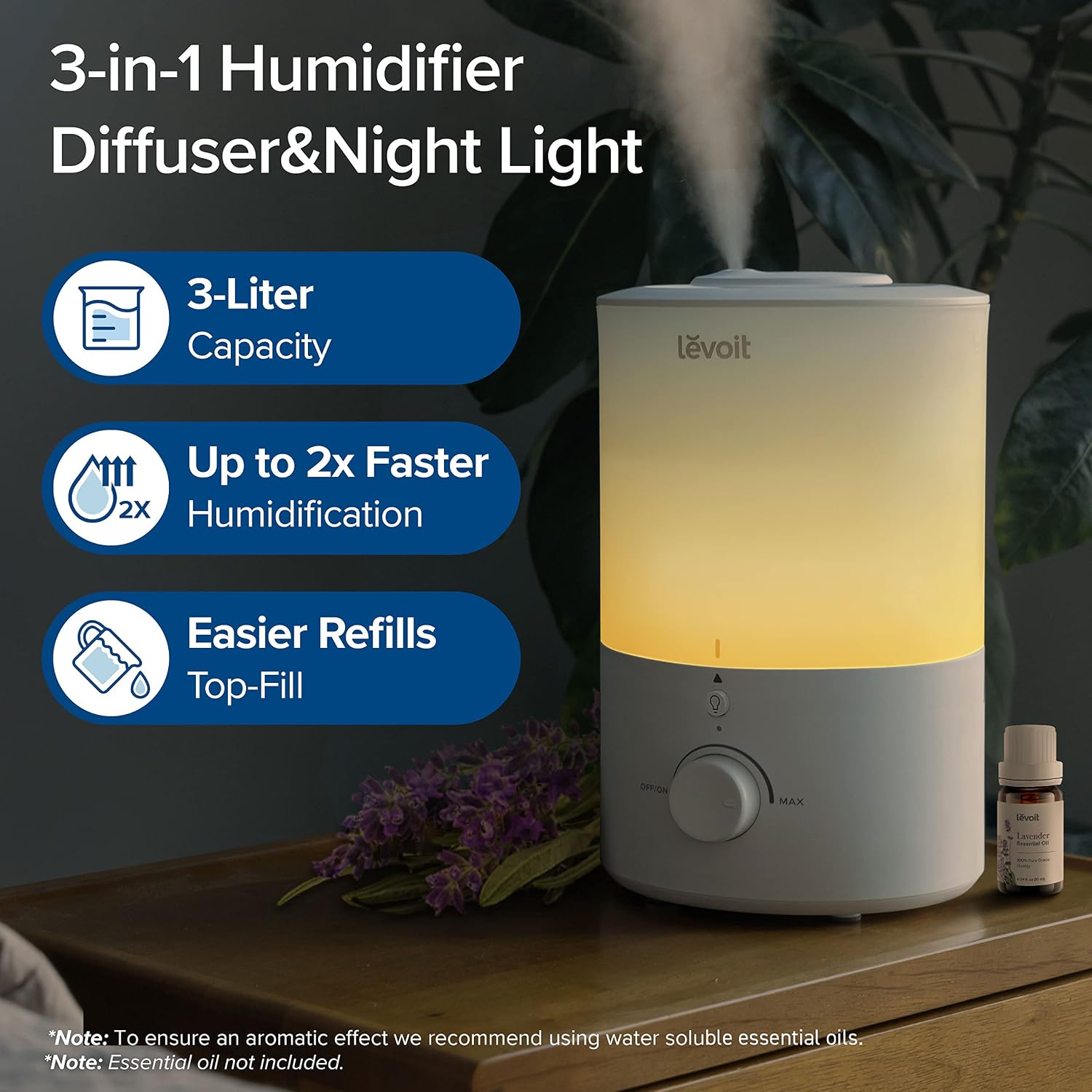 Levoit Top Fill 3L Humidifiers for Bedroom with Night Light, Cool Mist