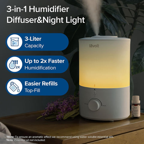 Levoit Top Fill 3L Humidifiers for Bedroom with Night Light, Cool Mist