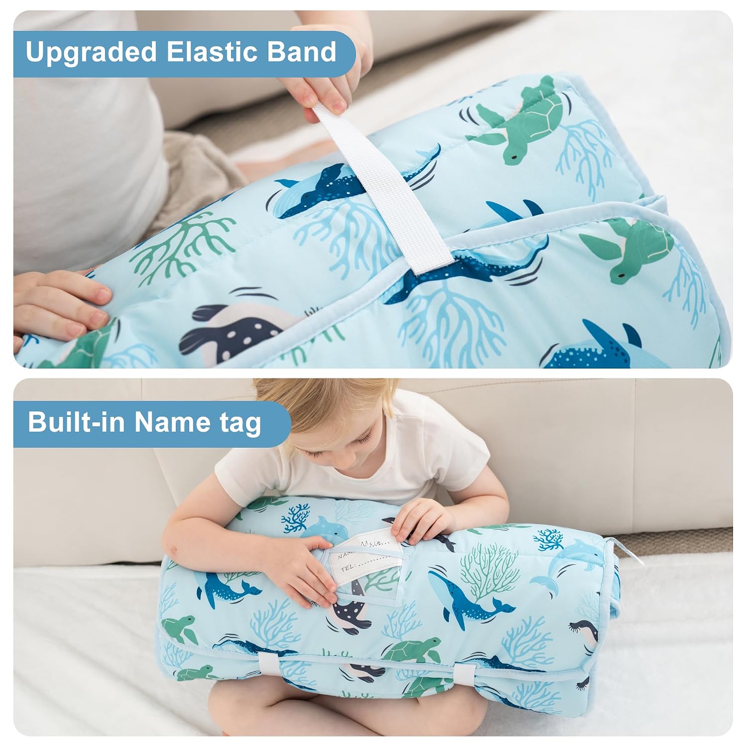 Viviland Toddler Nap Mat, Rolled Sleeping Mats with Pillow and Minky Dot Blanket for Girls Boys, Kids Slumber Bags/Nap Mat for Preschool, Daycare, Kindergarten, Travel Camping - Blue Ocean Whales