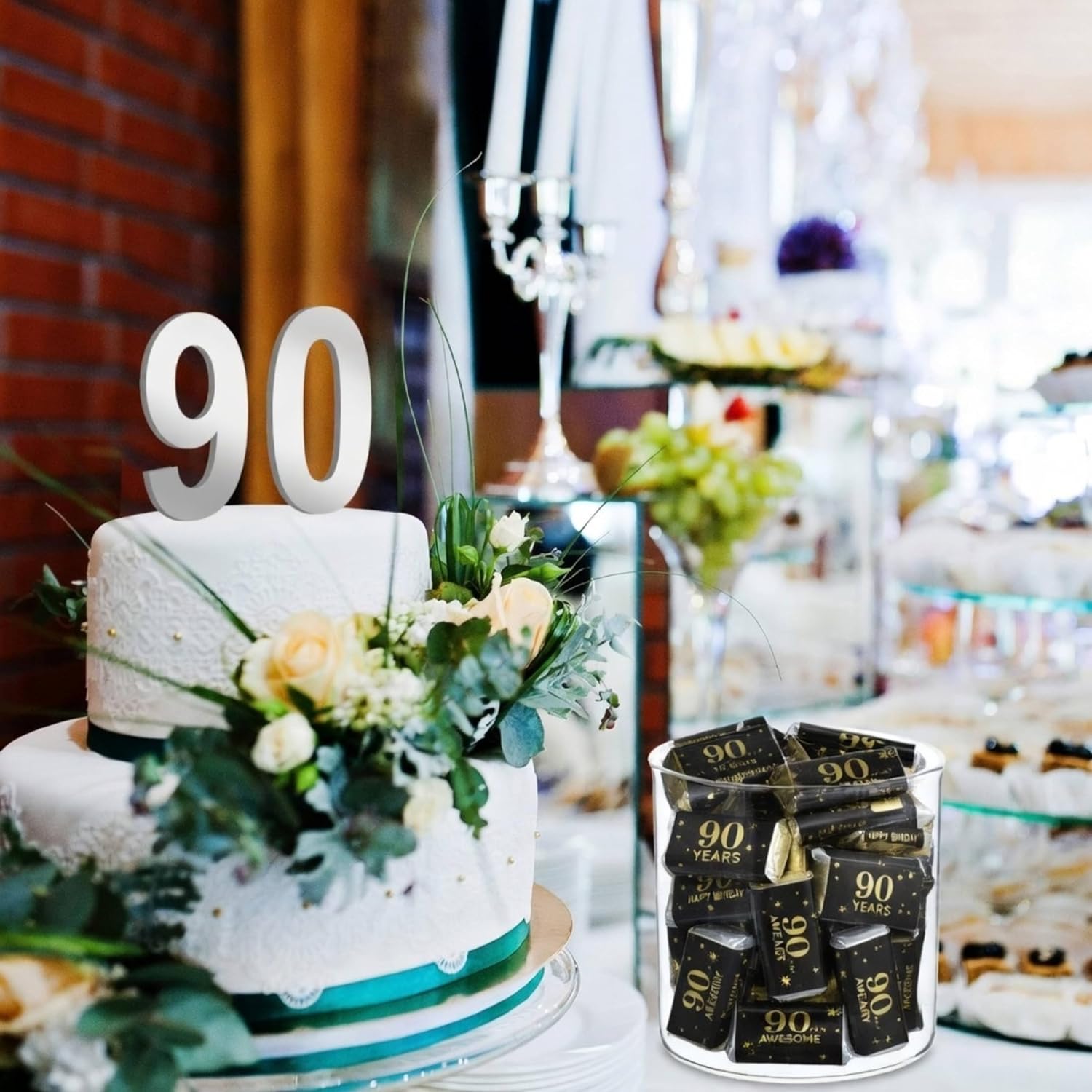 Tenare 90 Pcs 90th Birthday Candy Wrappers, Black and Gold Stickers