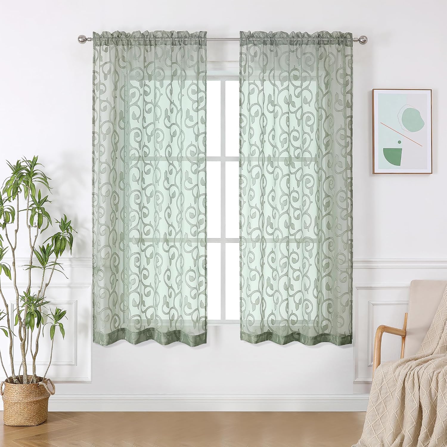 OWENIE Furman Sage Green Kitchen Curtains Tiers 36 inch Length, Light Filtering Soft Airy Clear Cafe Curtain for Living Room Bedroom Farmhouse Small Windows Half Curtains, 2 Pcs, Each 40Wx36L inch