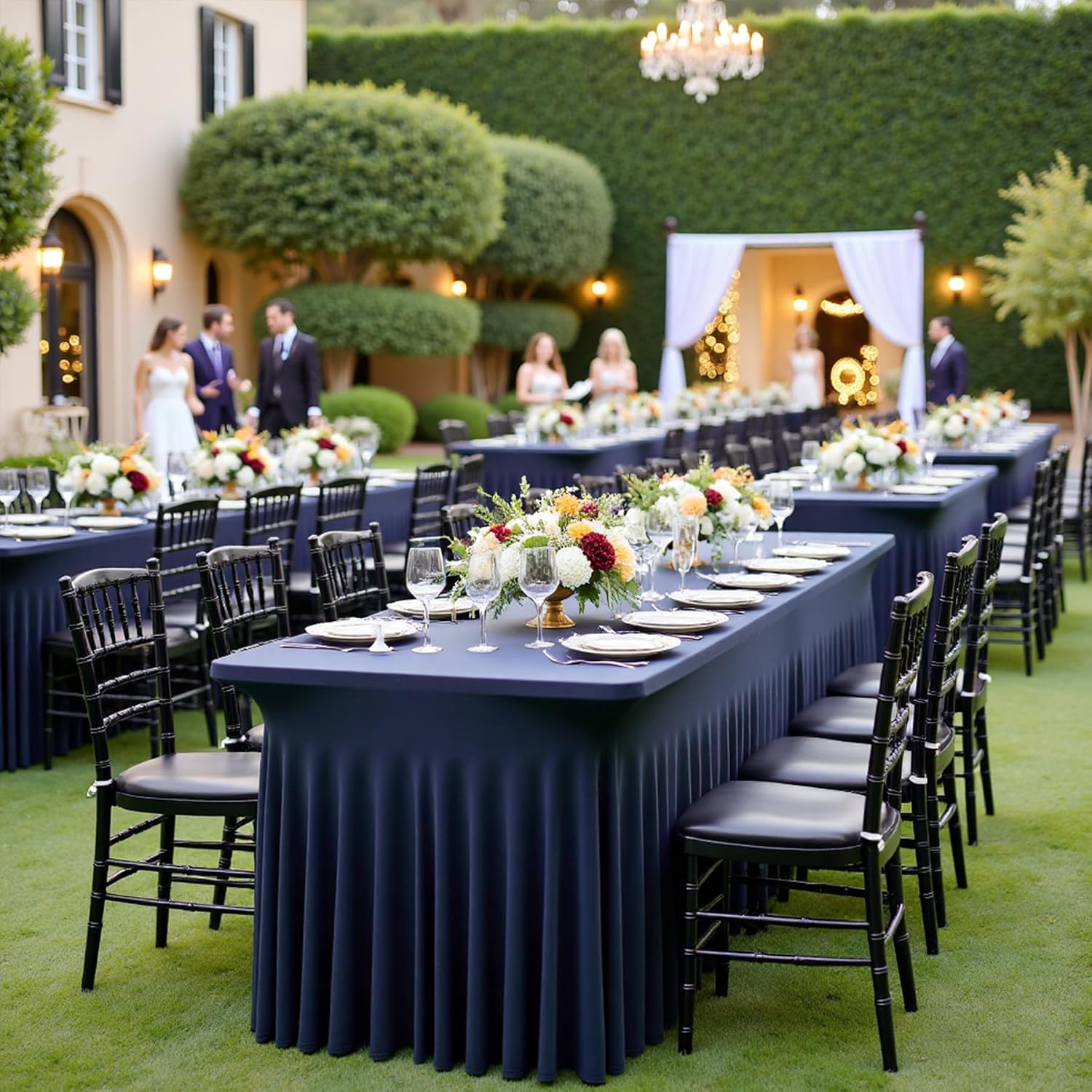 2 Pack Navy Blue Spandex Tablecloths for 8 Foot Rectangle Tables, Wrinkle Free Fitted Table Cloths 8ft Stretchy Table Cloth Covers with Skirt for Parties Weddings Birthday Banquet Baby Shower
