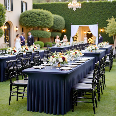 2 Pack Navy Blue Spandex Tablecloths for 8 Foot Rectangle Tables, Wrinkle Free Fitted Table Cloths 8ft Stretchy Table Cloth Covers with Skirt for Parties Weddings Birthday Banquet Baby Shower